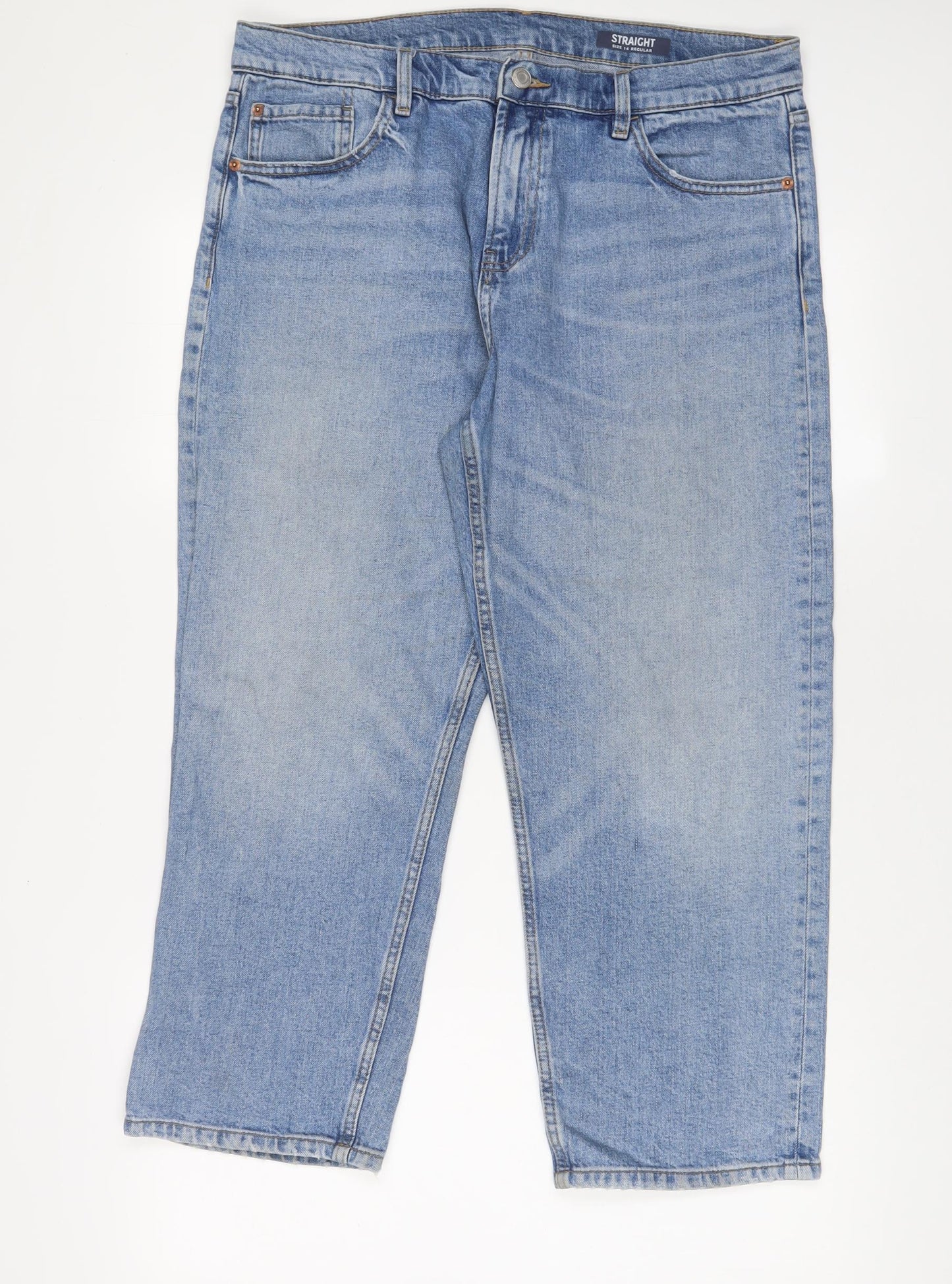 Marks and Spencer Womens Blue Cotton Straight Jeans Size 14 L25 in Regular Zip - Pockets