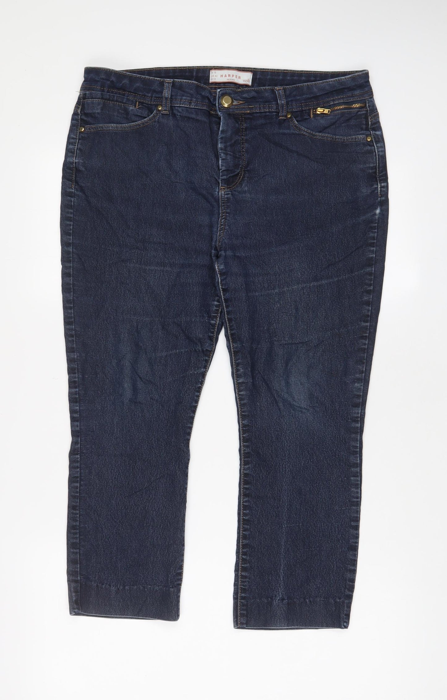 Wallis Womens Blue Cotton Capri Jeans Size 16 L23 in Regular Zip - Pockets