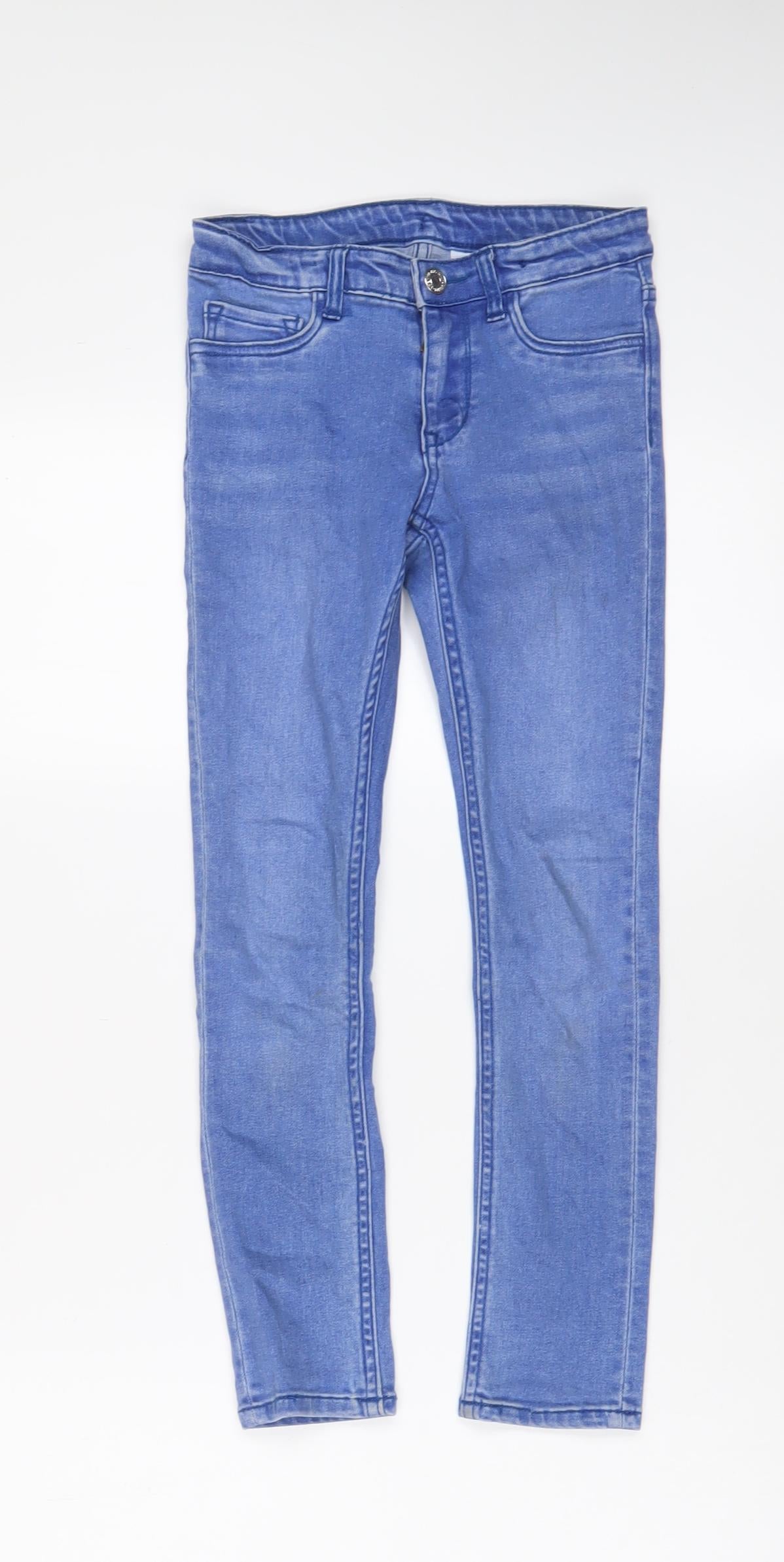 H&M Girls Blue Cotton Skinny Jeans Size 7-8 Years L23 in Regular Zip - Adjustable waist, Pockets