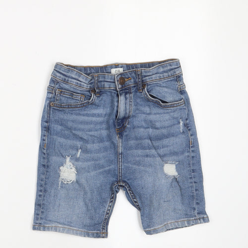 River Island Boys Blue Cotton Bermuda Shorts Size 9-10 Years Regular Zip - Distressed, Pockets