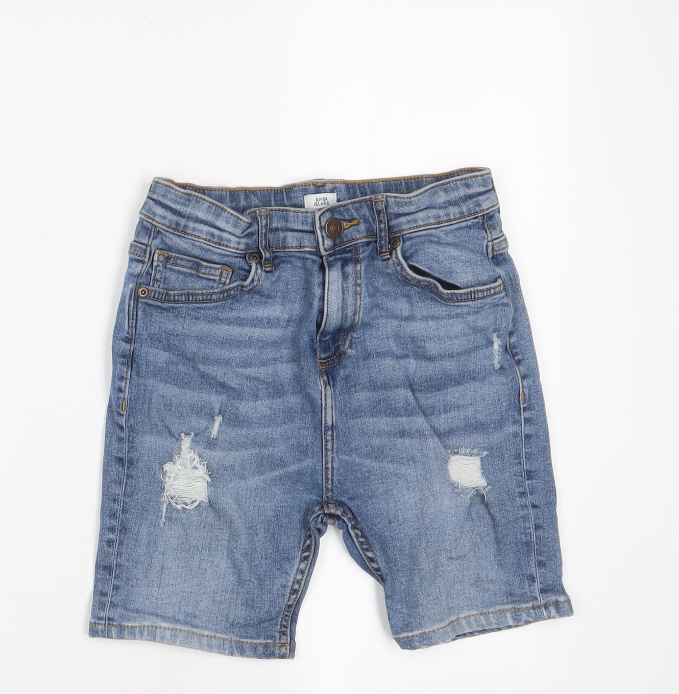 River Island Boys Blue Cotton Bermuda Shorts Size 9-10 Years Regular Zip - Distressed, Pockets