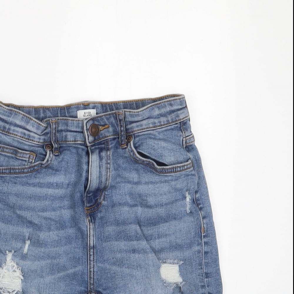 River Island Boys Blue Cotton Bermuda Shorts Size 9-10 Years Regular Zip - Distressed, Pockets