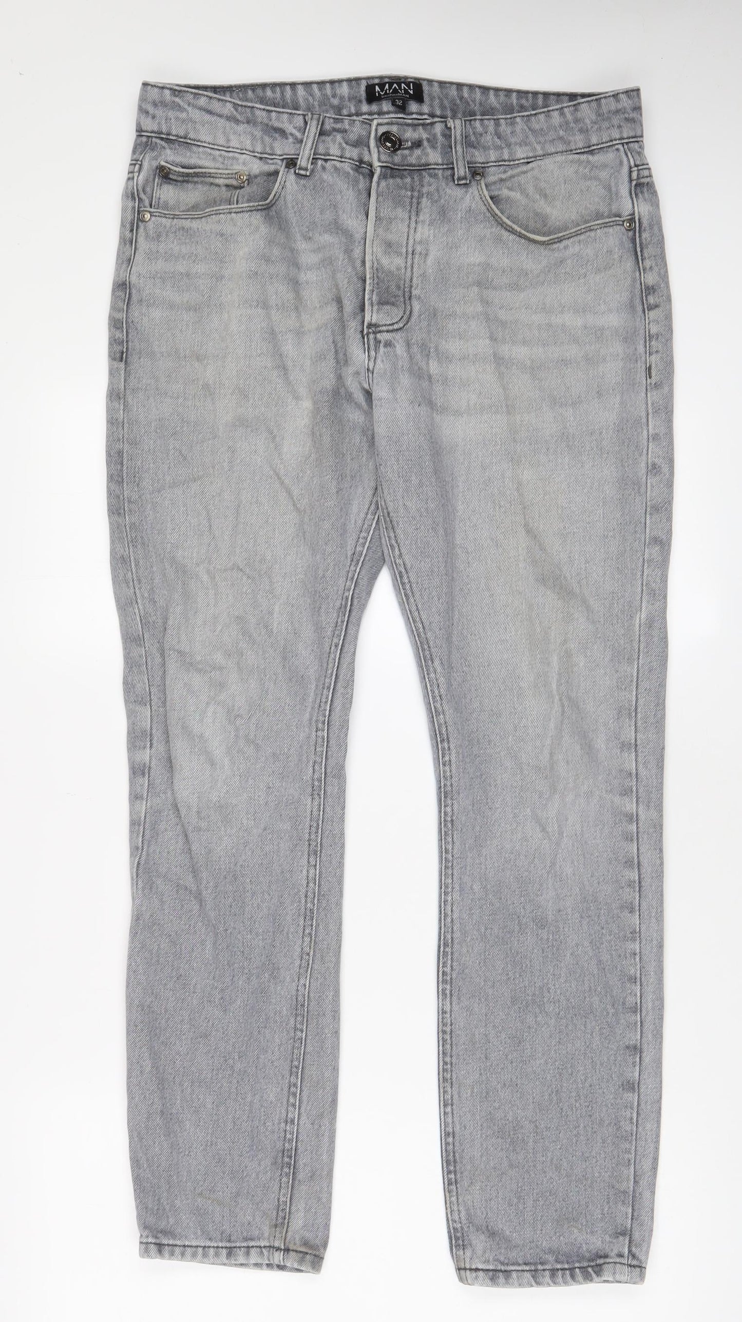 Boohoo Mens Grey Cotton Straight Jeans Size 32 in L30 in Regular Button
