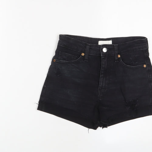 H&M Womens Black Cotton Basic Shorts Size 8 L3 in Regular Zip - Distressed, Pockets