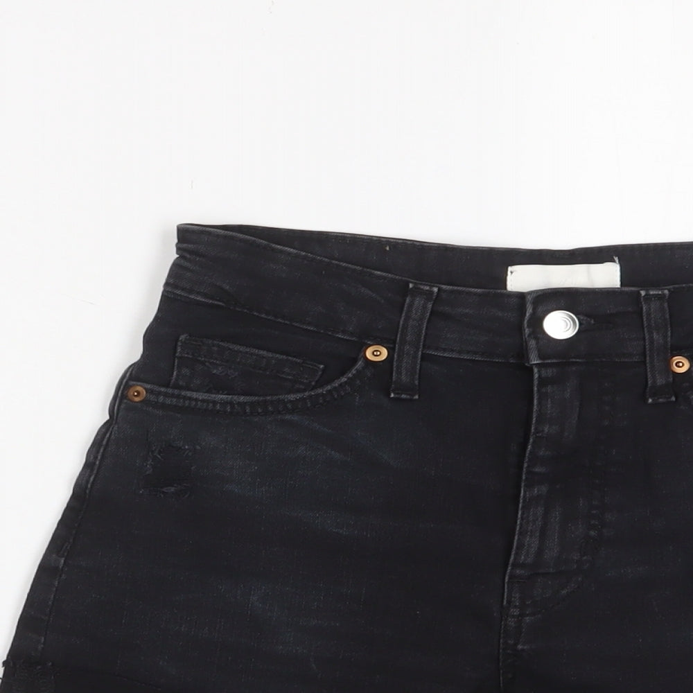 H&M Womens Black Cotton Basic Shorts Size 8 L3 in Regular Zip - Distressed, Pockets