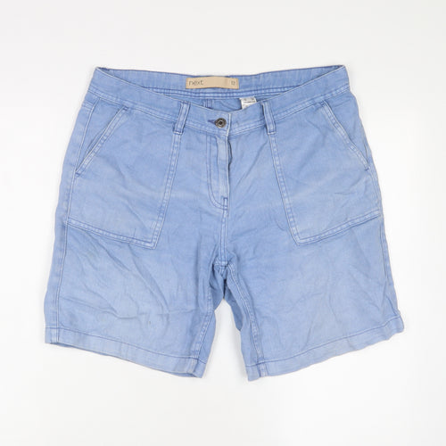 Marks and Spencer Womens Blue Cotton Basic Shorts Size 12 L8 in Regular Zip - Pockets