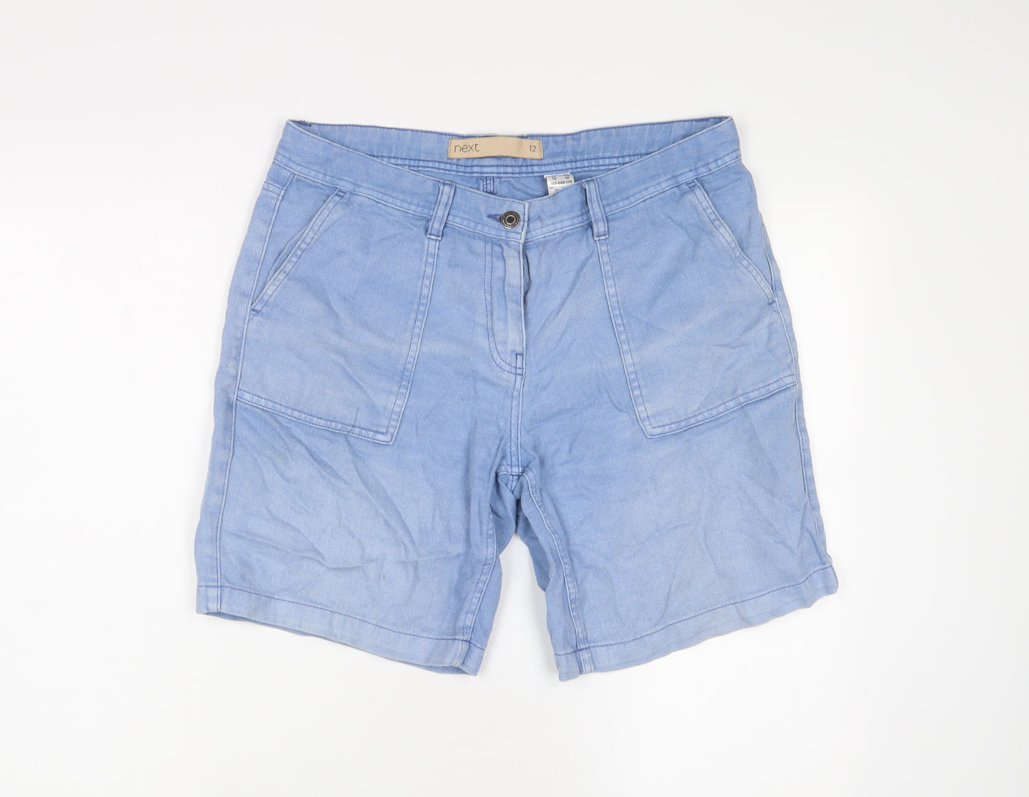 Marks and Spencer Womens Blue Cotton Basic Shorts Size 12 L8 in Regular Zip - Pockets