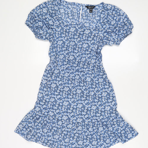 New Look Girls Blue Floral Polyester A-Line Size 12 Years Square Neck Button