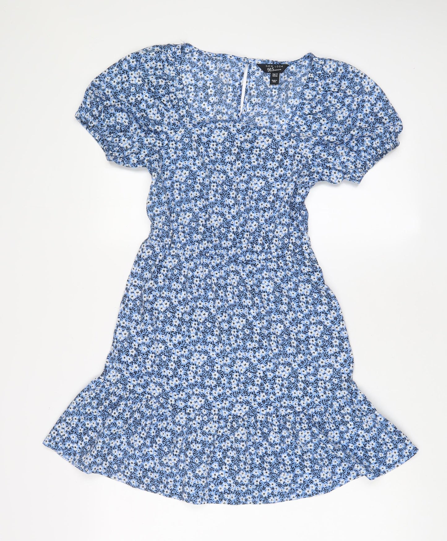 New Look Girls Blue Floral Polyester A-Line Size 12 Years Square Neck Button