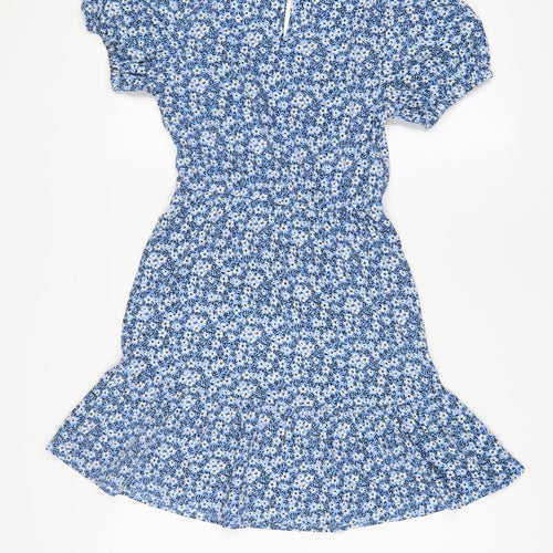 New Look Girls Blue Floral Polyester A-Line Size 12 Years Square Neck Button
