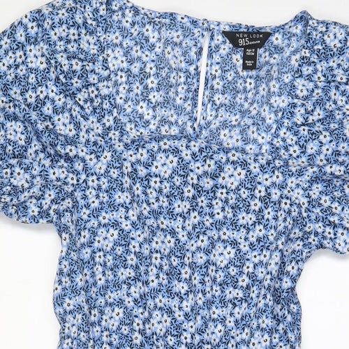 New Look Girls Blue Floral Polyester A-Line Size 12 Years Square Neck Button