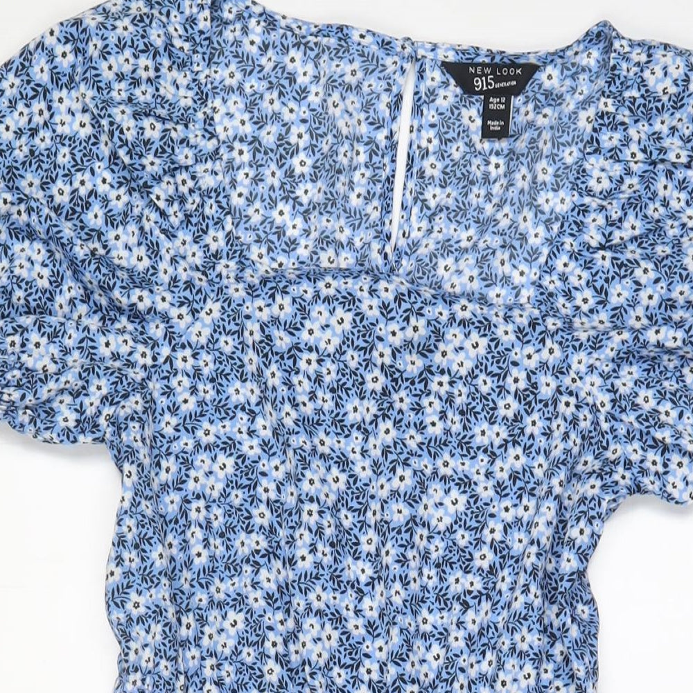 New Look Girls Blue Floral Polyester A-Line Size 12 Years Square Neck Button