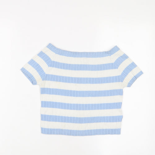 Marks and Spencer Girls Blue Striped Cotton Cropped T-Shirt Size 9-10 Years Square Neck Pullover - Stretch