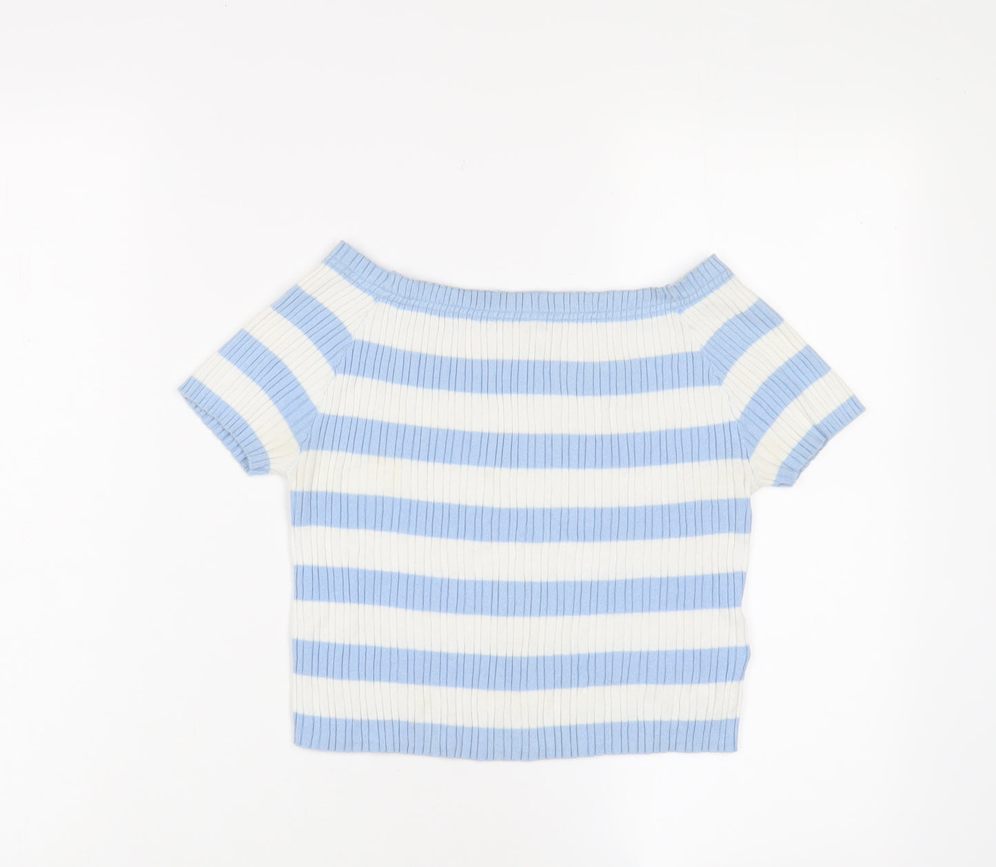 Marks and Spencer Girls Blue Striped Cotton Cropped T-Shirt Size 9-10 Years Square Neck Pullover - Stretch