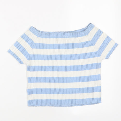 Marks and Spencer Girls Blue Striped Cotton Cropped T-Shirt Size 9-10 Years Square Neck Pullover - Stretch