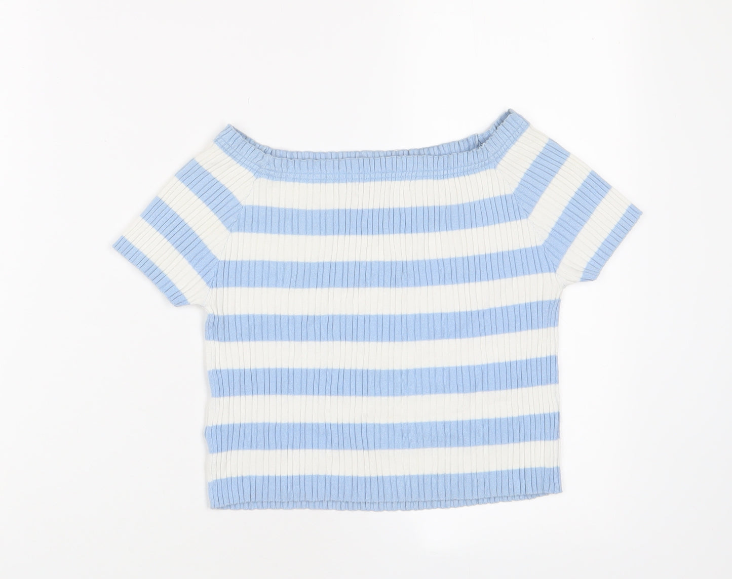 Marks and Spencer Girls Blue Striped Cotton Cropped T-Shirt Size 9-10 Years Square Neck Pullover - Stretch