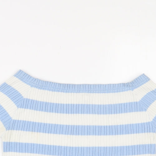 Marks and Spencer Girls Blue Striped Cotton Cropped T-Shirt Size 9-10 Years Square Neck Pullover - Stretch