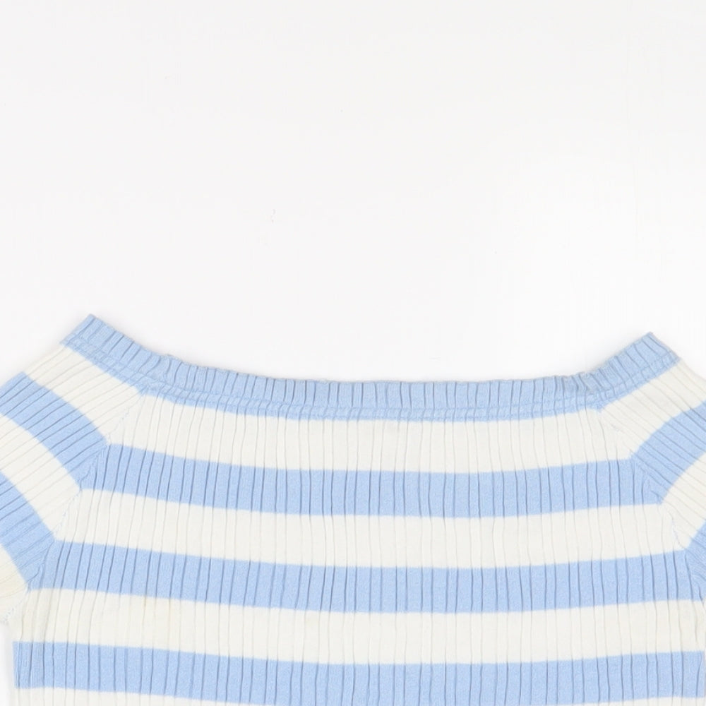 Marks and Spencer Girls Blue Striped Cotton Cropped T-Shirt Size 9-10 Years Square Neck Pullover - Stretch