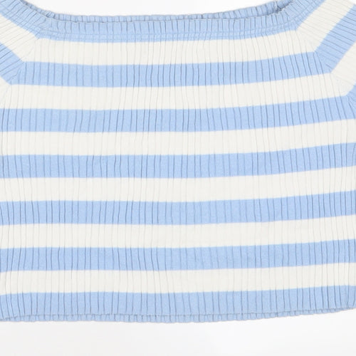 Marks and Spencer Girls Blue Striped Cotton Cropped T-Shirt Size 9-10 Years Square Neck Pullover - Stretch