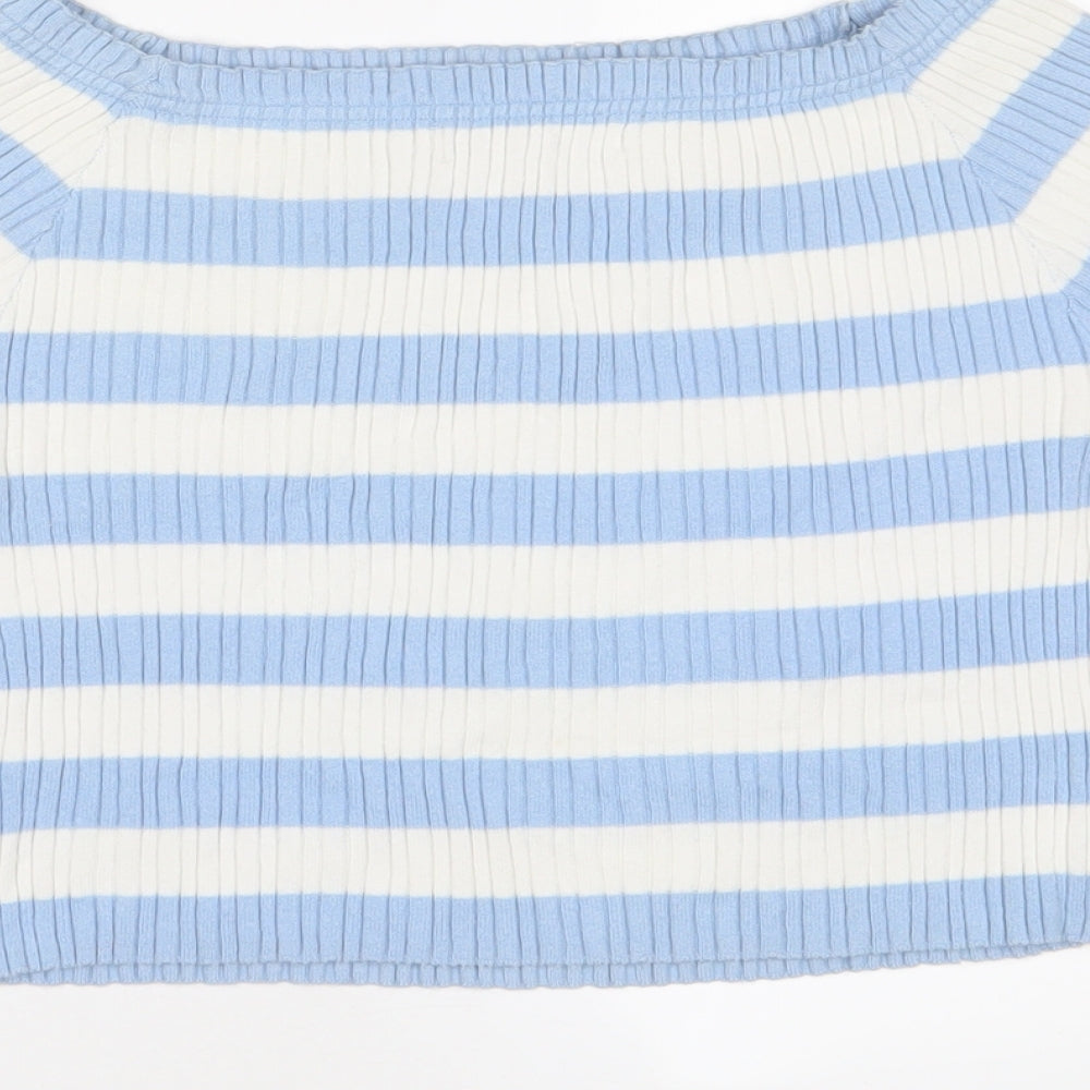 Marks and Spencer Girls Blue Striped Cotton Cropped T-Shirt Size 9-10 Years Square Neck Pullover - Stretch