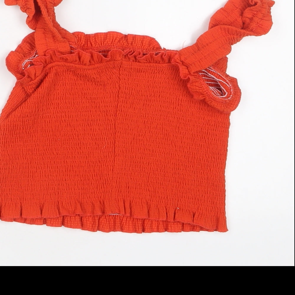 River Island Girls Orange Polyester Cropped Tank Size 11-12 Years Square Neck Pullover - Frill