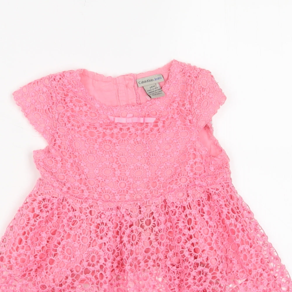 Calvin Klein Girls Pink Cotton A-Line Size 24 Months Crew Neck Button