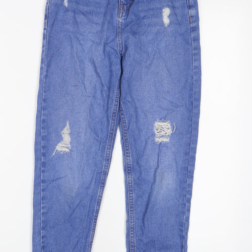 F&F Girls Blue Cotton Straight Jeans Size 9-10 Years L22 in Regular Zip - Distressed, Pockets