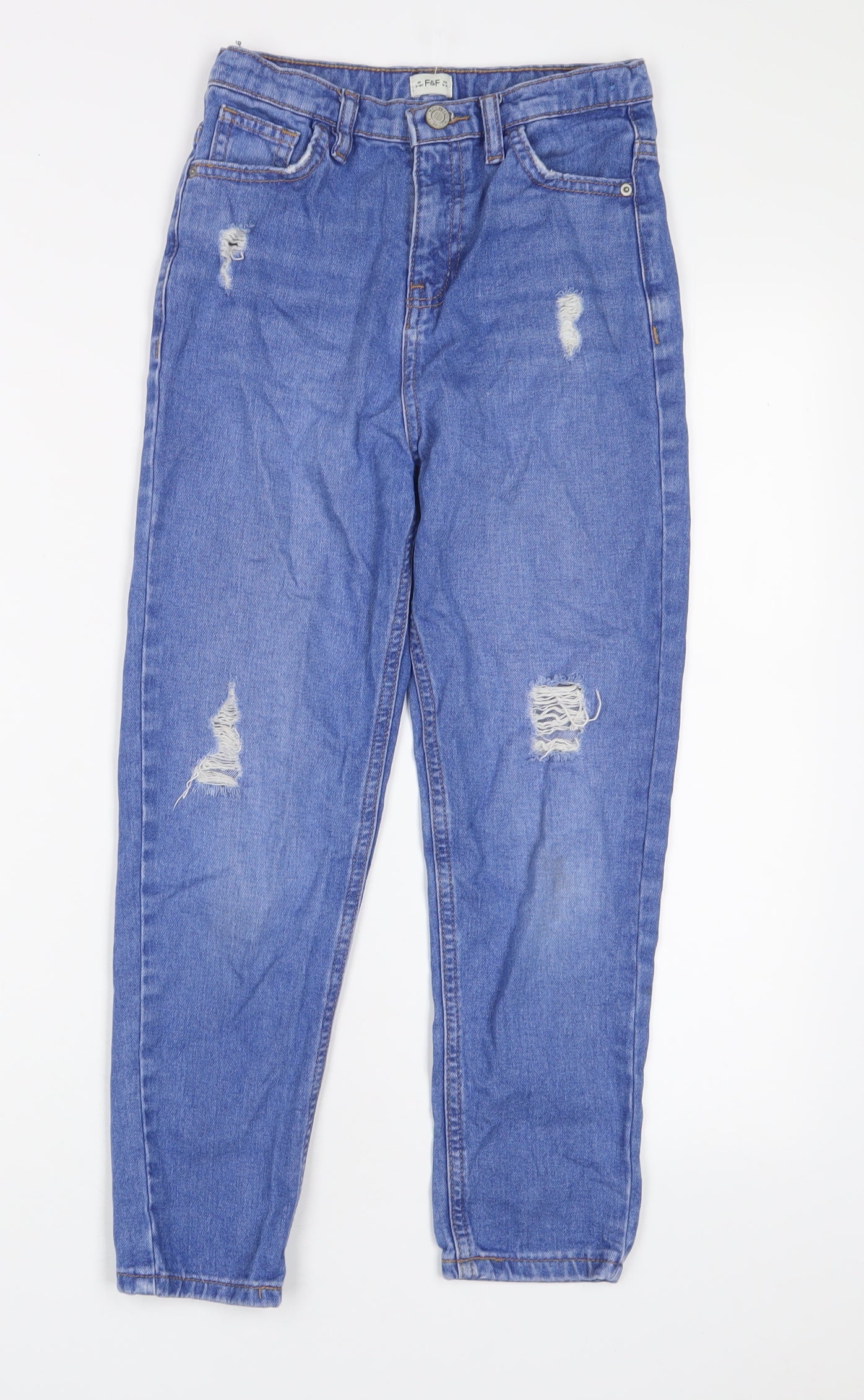 F&F Girls Blue Cotton Straight Jeans Size 9-10 Years L22 in Regular Zip - Distressed, Pockets