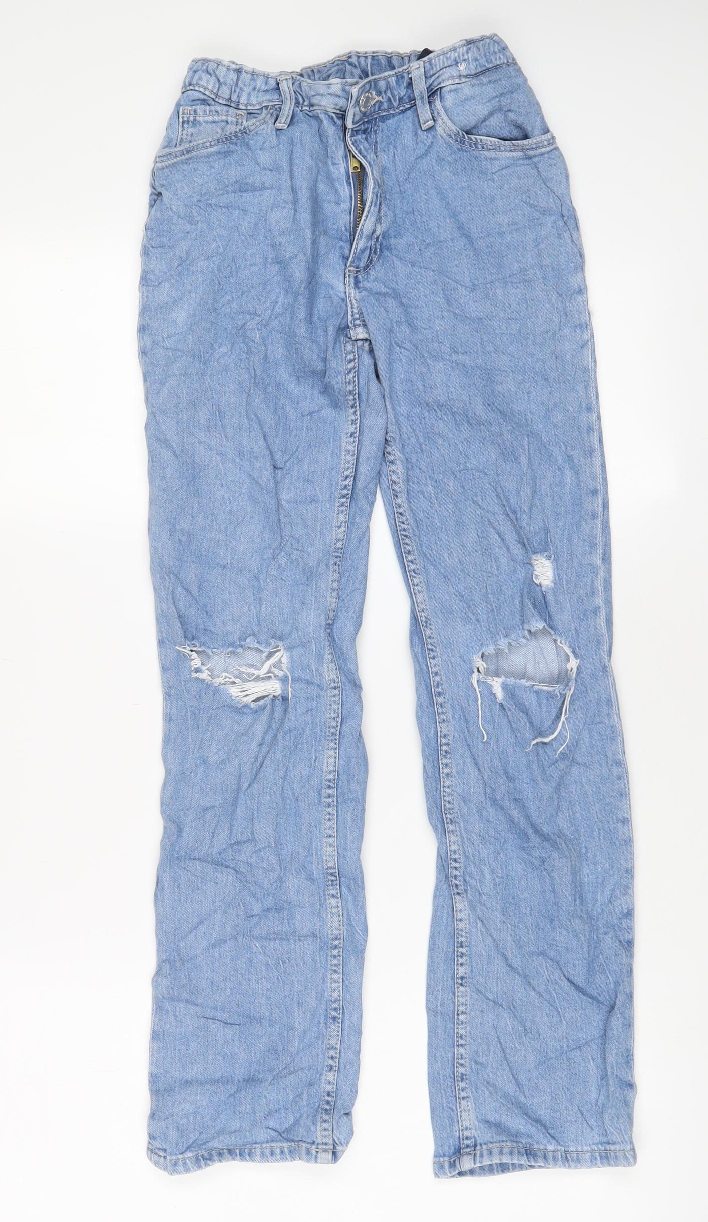 H&M Girls Blue Cotton Straight Jeans Size 11-12 Years L27 in Regular Zip - Adjustable waist, Pockets