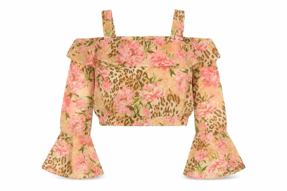 Front view of River Island girls’ beige geometric polyester basic blouse, size 11-12, years square neck pullover