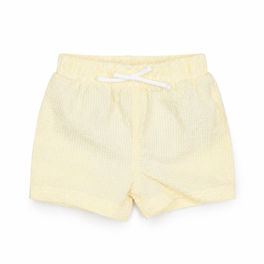 Front view of Marks & Spencer Baby Yellow Plaid Cotton Cropped Trousers, size 6-9, Months Drawstring