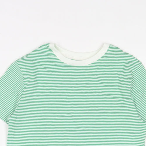 Marks and Spencer Boys Green Striped Cotton Basic T-Shirt Size 9-10 Years Crew Neck Pullover