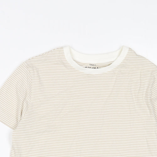 Marks and Spencer Boys Beige Striped Cotton Basic T-Shirt Size 9-10 Years Crew Neck Pullover