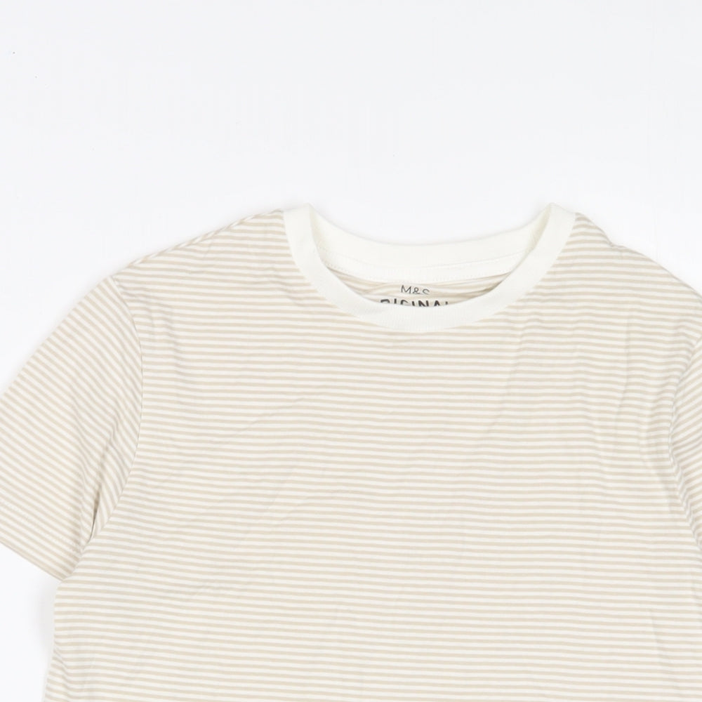 Marks and Spencer Boys Beige Striped Cotton Basic T-Shirt Size 9-10 Years Crew Neck Pullover