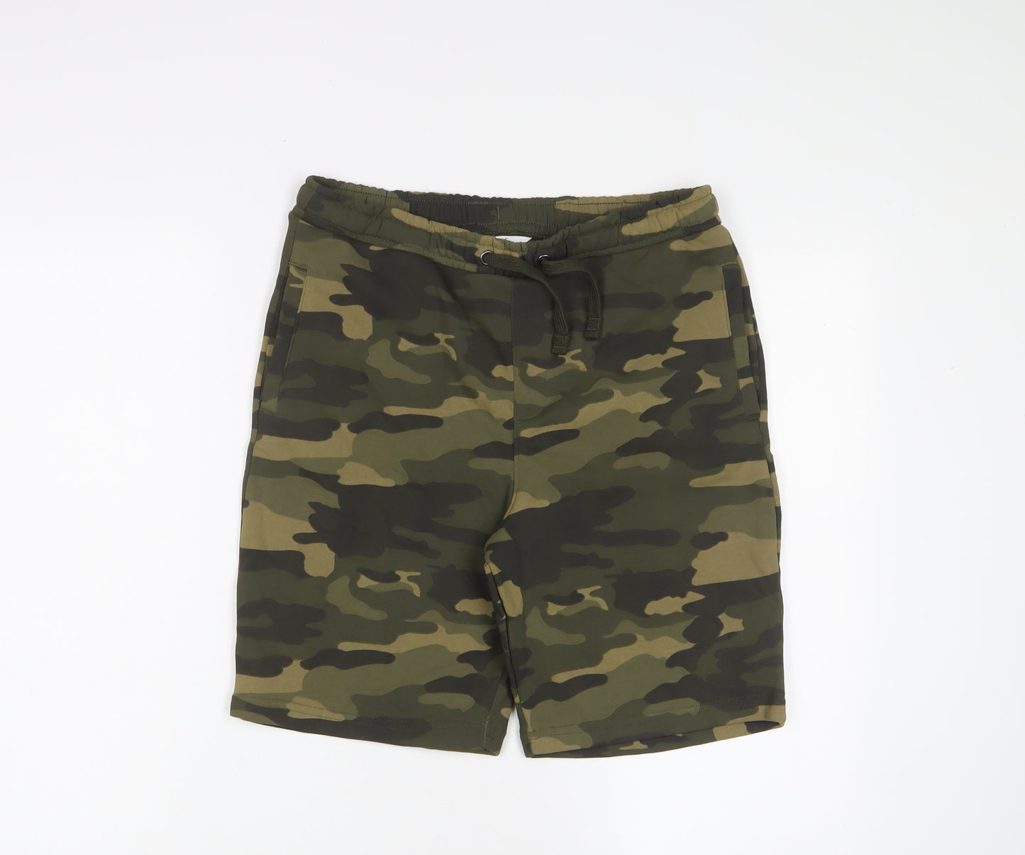 Marks and Spencer Boys Green Camouflage Cotton Sweat Shorts Size 13-14 Years L7 in Regular Drawstring - Pockets