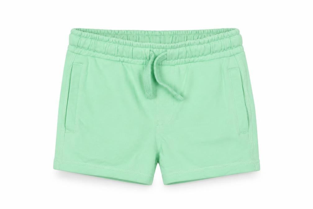 Front view of Marks & Spencer boys’ green cotton sweat shorts, size 2-3, years regular drawstring - pockets