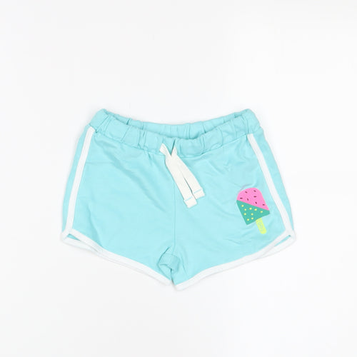 Marks and Spencer Girls Blue Cotton Sweat Shorts Size 4-5 Years Regular Drawstring - Ice Lollie