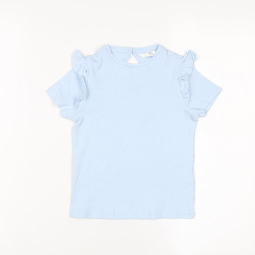 Marks and Spencer Girls Blue Cotton Basic T-Shirt Size 3-4 Years Crew Neck Button - Frill