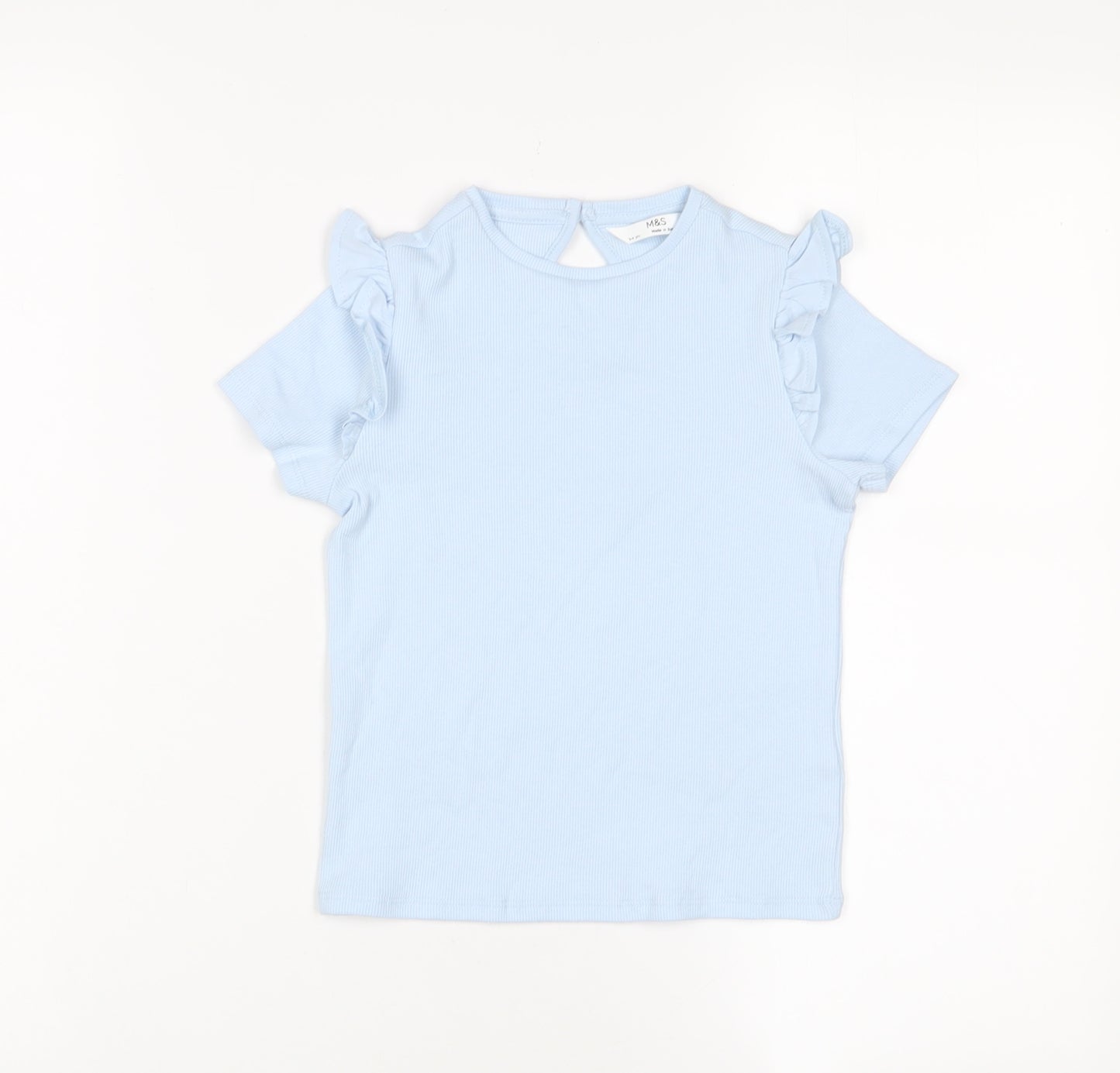 Marks and Spencer Girls Blue Cotton Basic T-Shirt Size 3-4 Years Crew Neck Button - Frill