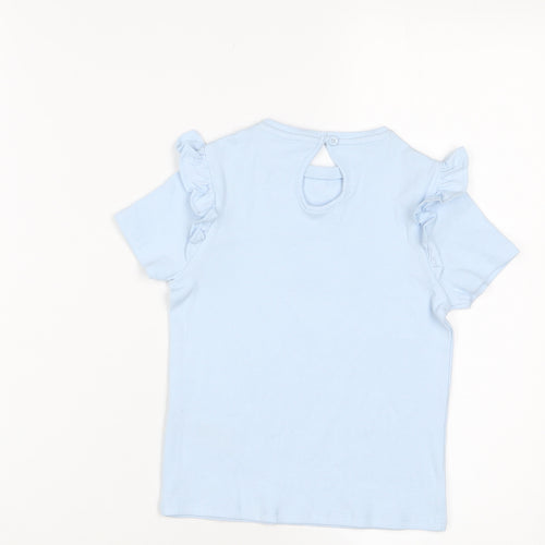 Marks and Spencer Girls Blue Cotton Basic T-Shirt Size 3-4 Years Crew Neck Button - Frill