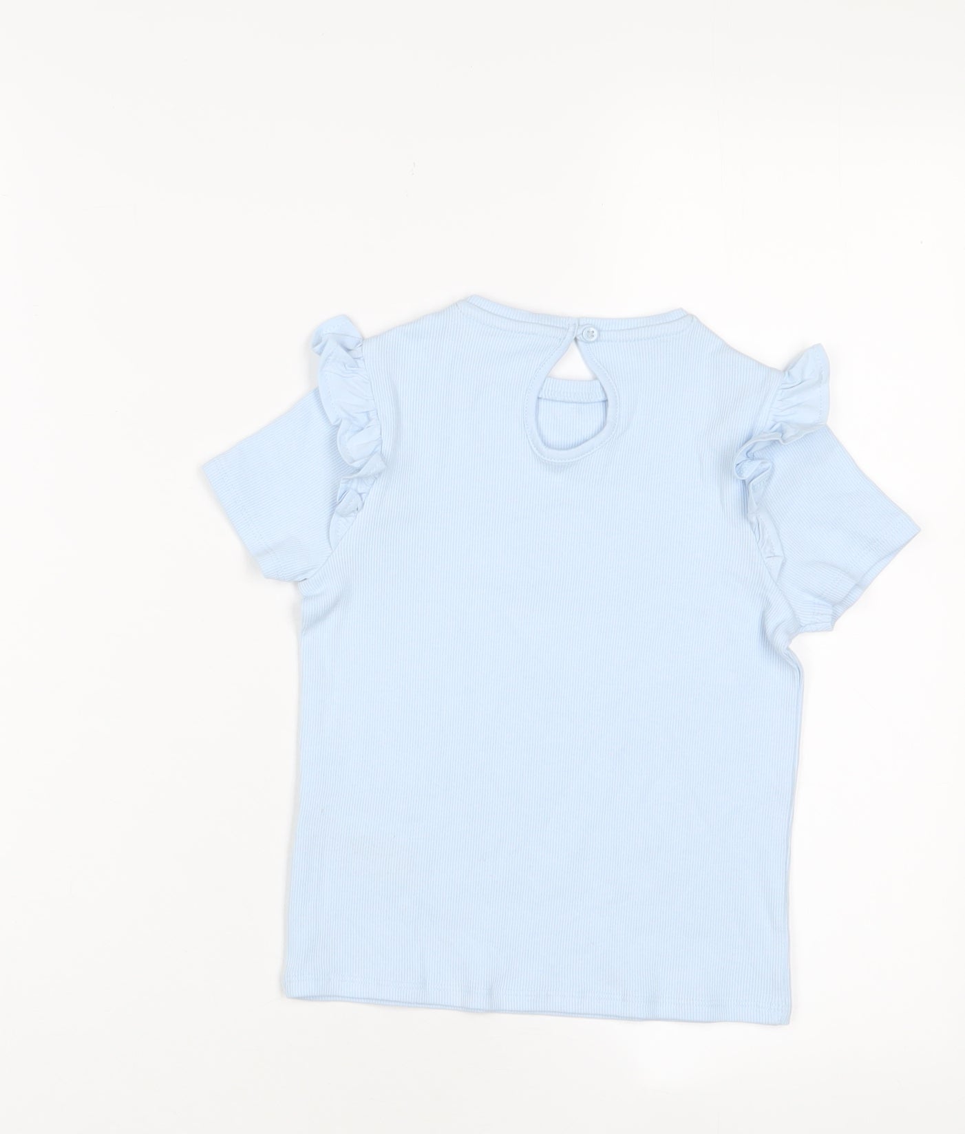 Marks and Spencer Girls Blue Cotton Basic T-Shirt Size 3-4 Years Crew Neck Button - Frill