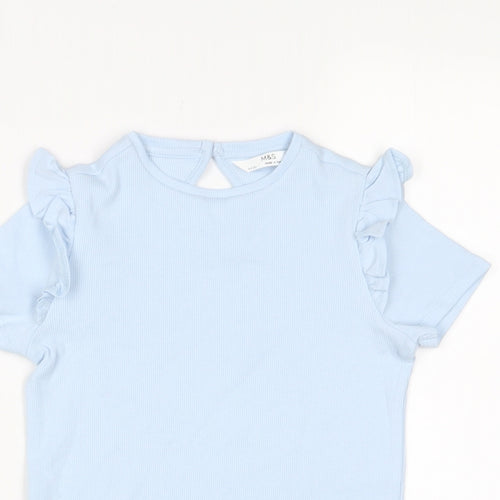 Marks and Spencer Girls Blue Cotton Basic T-Shirt Size 3-4 Years Crew Neck Button - Frill