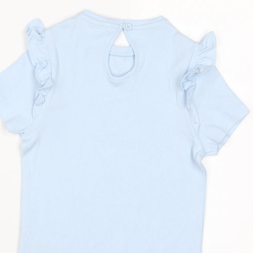 Marks and Spencer Girls Blue Cotton Basic T-Shirt Size 3-4 Years Crew Neck Button - Frill