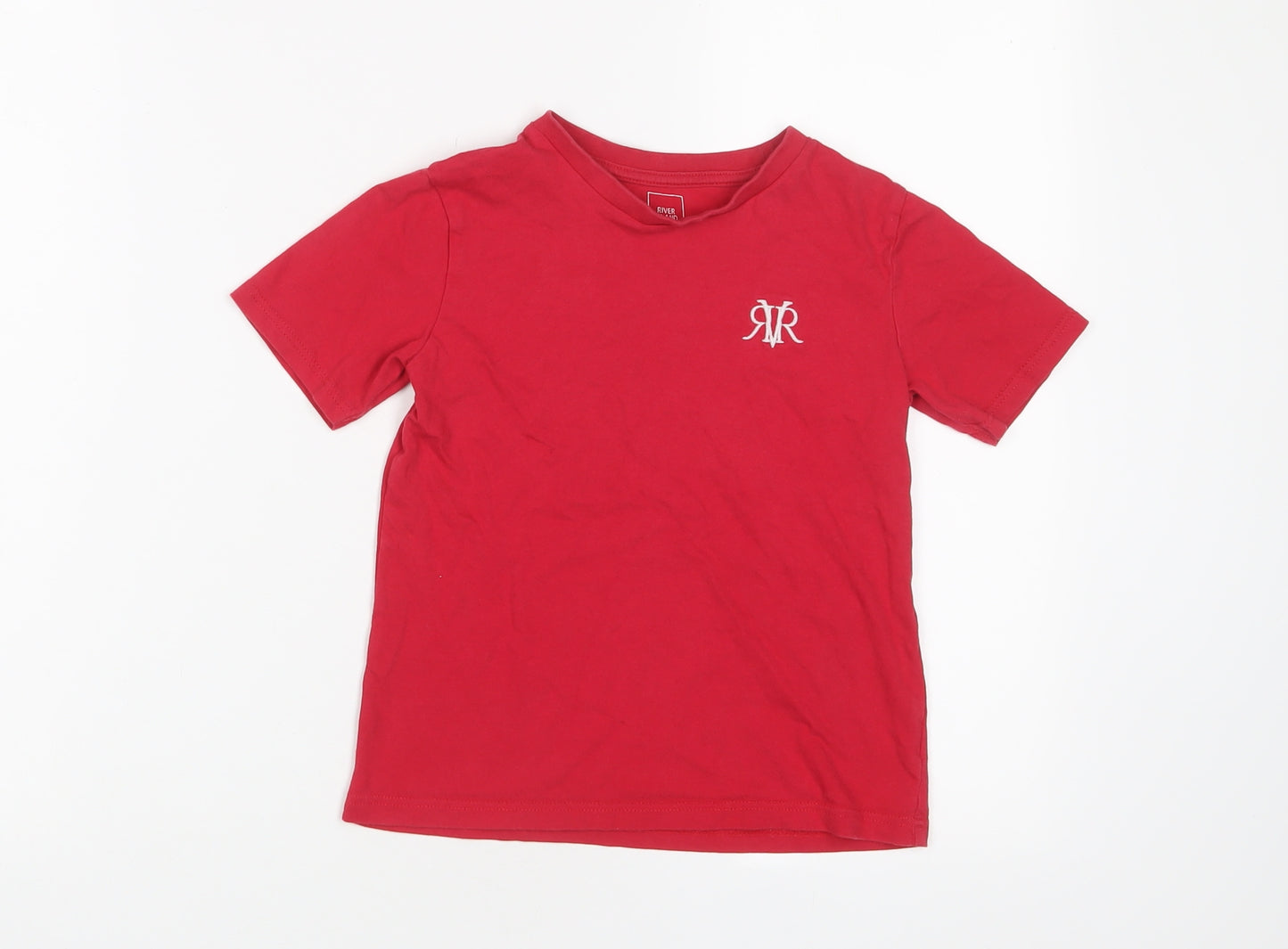 River Island Boys Red Cotton Basic T-Shirt Size 5-6 Years Crew Neck Pullover - Embroidered, Logo