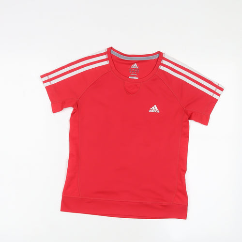 adidas Boys Red Polyester Basic T-Shirt Size 13-14 Years Crew Neck Pullover - Logo