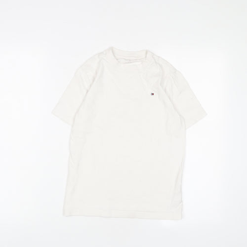 Tommy Hilfiger Boys White Cotton Basic T-Shirt Size 10 Years Crew Neck Pullover - Logo, Embroidered