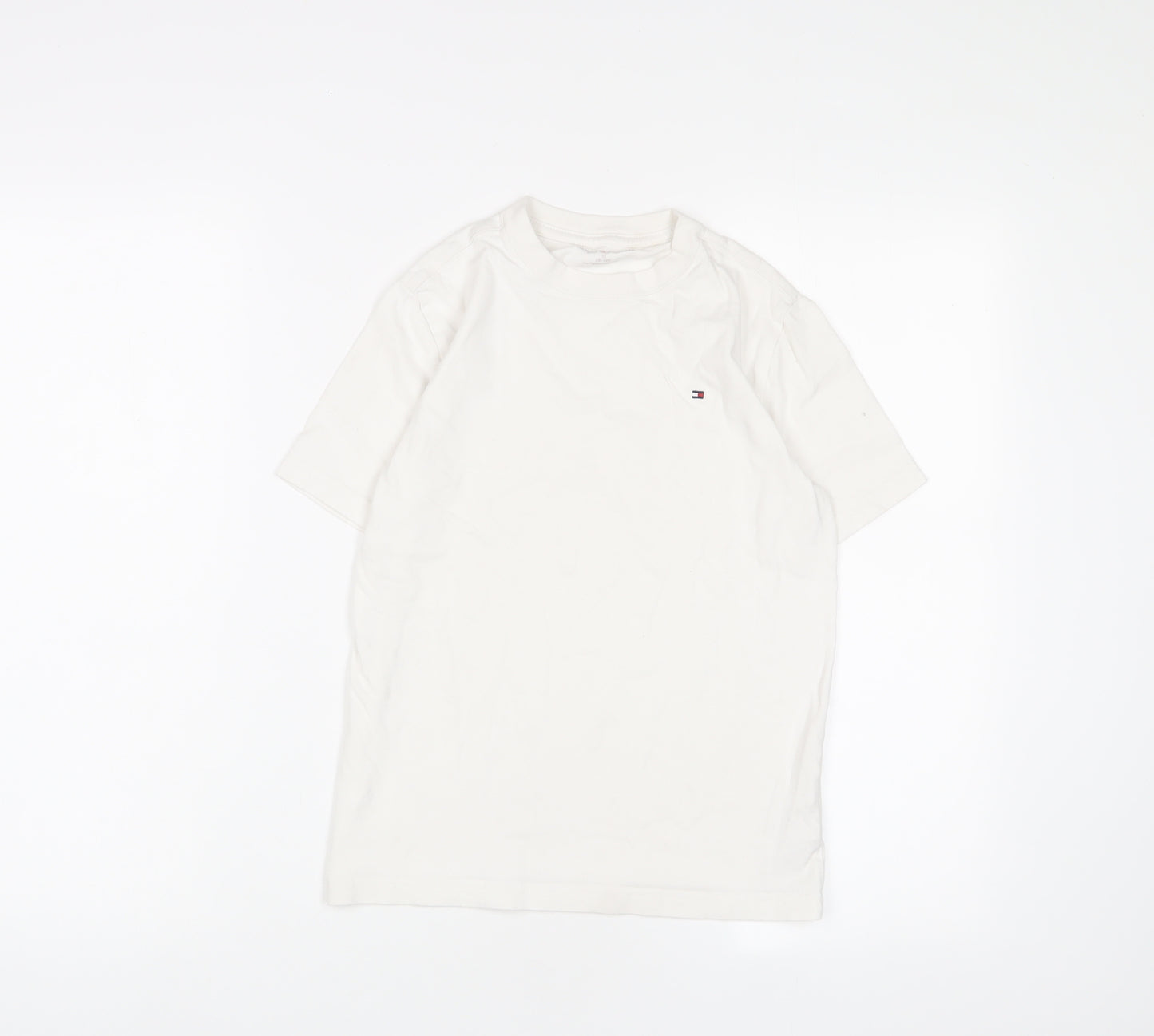 Tommy Hilfiger Boys White Cotton Basic T-Shirt Size 10 Years Crew Neck Pullover - Logo, Embroidered