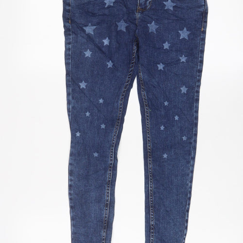 Marks and Spencer Girls Blue Geometric Cotton Skinny Jeans Size 8-9 Years L22 in Regular Zip - Star Pattern