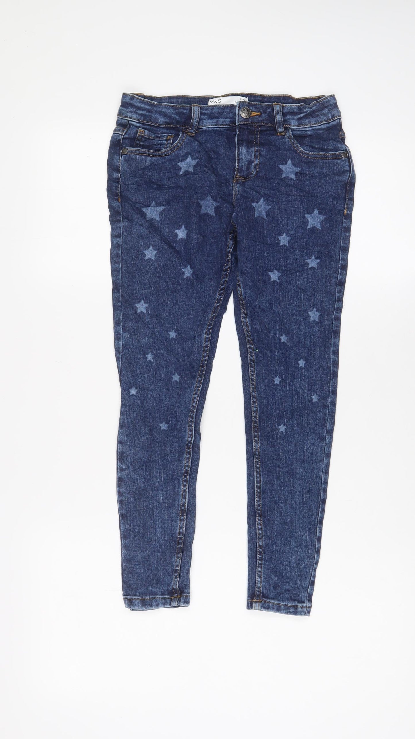Marks and Spencer Girls Blue Geometric Cotton Skinny Jeans Size 8-9 Years L22 in Regular Zip - Star Pattern