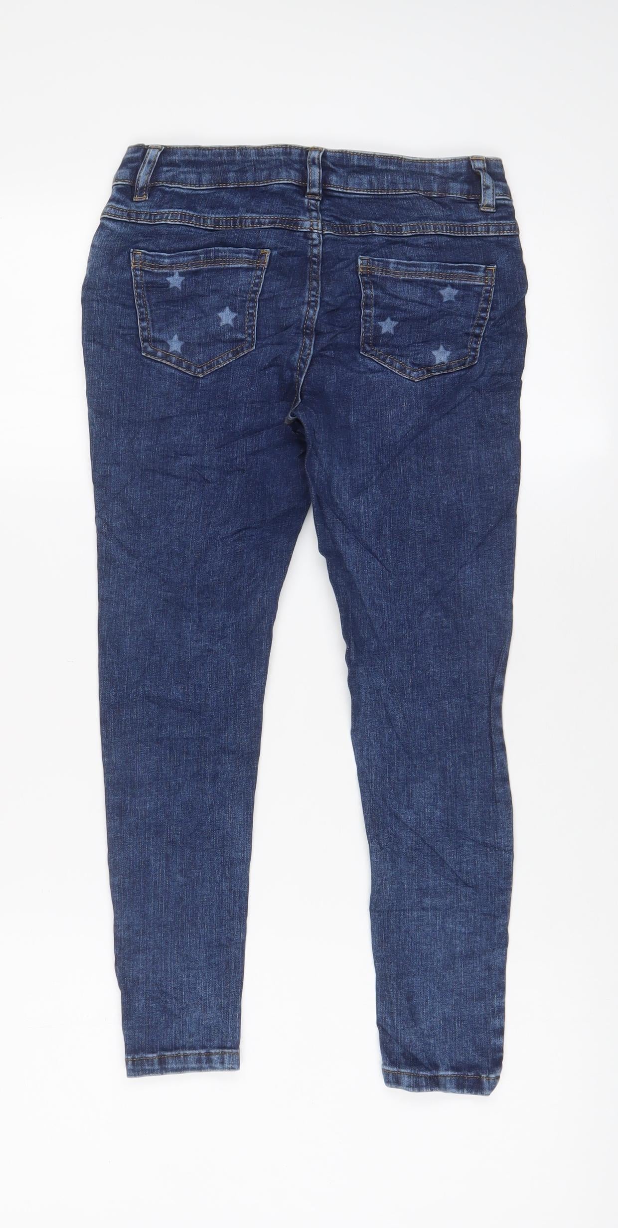 Marks and Spencer Girls Blue Geometric Cotton Skinny Jeans Size 8-9 Years L22 in Regular Zip - Star Pattern